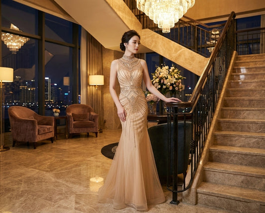 豪華オールビジュードレス arsenio マーメイドドレス ゴールド S M L XL XXL 即日発送 即納 結婚式 パーティードレス 体型カバー 小柄  ゆったり マタニティ ブラジャー 20代 30代 40代 50代 ブランド ワンピース シャンパン 夏 持ち運び