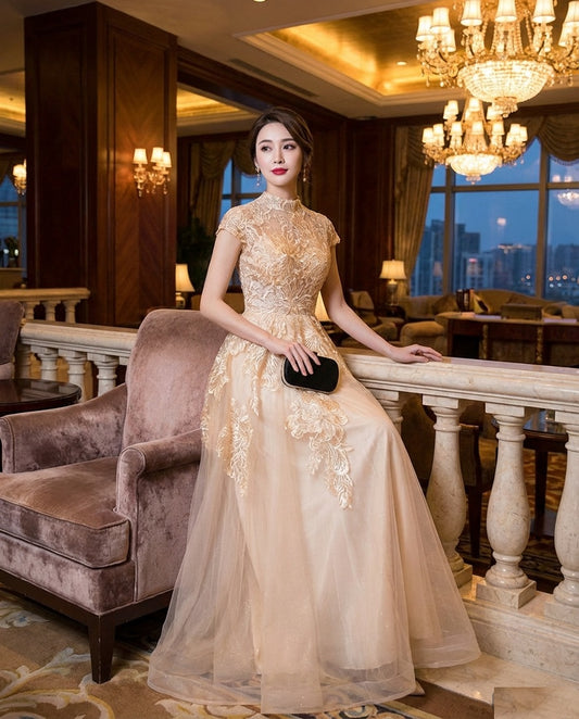 Adele オーダーメイド Aラインドレス アプリコット 高級レース ハイネック 優雅ロングエレガンス（アプリコット）