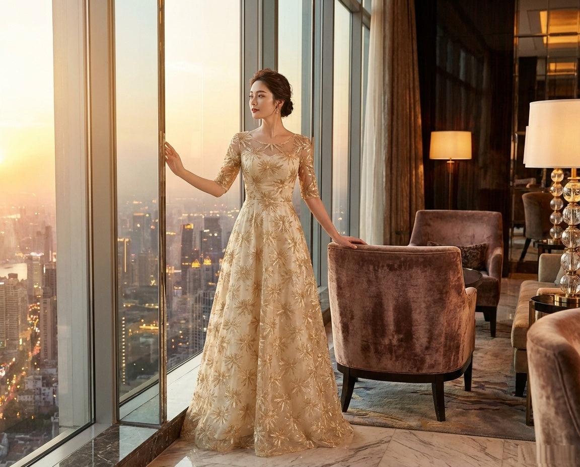 gulielma Aラインドレス (着丈 サイズオーダー可能) オーダーメイド ロングドレス アプリコット ベージュ レース 刺繍 ノースリーブ フレアシルエット 体型カバー 縦ライン美 細見え 透明感 清楚 気品 自然光 佇まい映え 特別な一日 フォーマル ラグジュアリードレス （ベージュ）XS S M L XL XXL XXXL