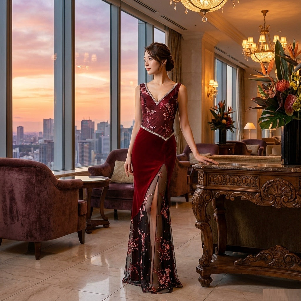 celius (着丈 サイズオーダー可能) オーダーメイド マーメイドドレス ロングドレス レースドレス ノースリーブドレス レッドドレス フォーマルドレス 上質素材 総レース ディープレッド 縦ライン強調 美シルエット スタジオ背景 ミニマル演出 気品 色香 大人女性 正装 結婚式 披露宴 演奏会 晩餐会 パーティー 高級感 日本人女性向け （レッド）XS S M L XL XXL XXXL