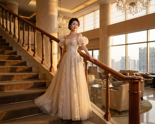 Carmen (着丈 サイズオーダー可能) Aラインドレス ロングドレス オーダーメイド 高級ドレス パーティードレス フォーマルドレス チュールドレス 半袖風デザイン 演奏会ドレス 晩餐会 ホテルウェディング 大階段シーン映え シャンパンベージュ 透明感発光 繊細ラメ 上質シアー素材 ウエスト美調整 体型美補正 気品ある佇まい 柔らかな微笑み 特別な夜 主役級存在感 日本人女性向け（ベージュ）