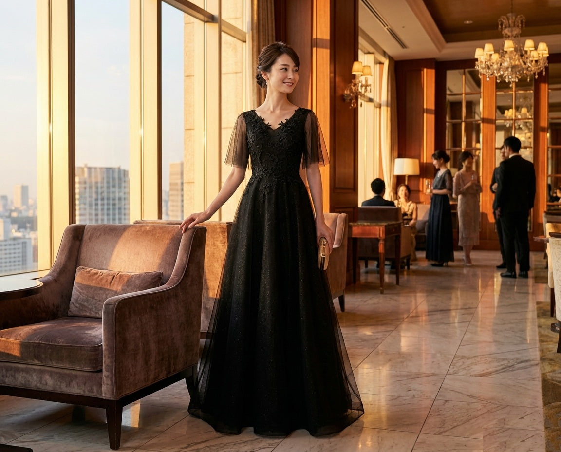 moineau （着丈 サイズオーダー可能） ロングドレス Aラインドレス ノースリーブドレス オーダーメイド 高級 ブラックドレス シフォン チュール レース ミニマルデザイン フレアシルエット 縦長効果 スタイルアップ 透明感 気品 クワイエットラグジュアリー 都会的スタジオ光 静かな余韻 特別な夜 パーティー 日本人女性 洗練された佇まい （ブラック）XS S M L XL XXL XXXL