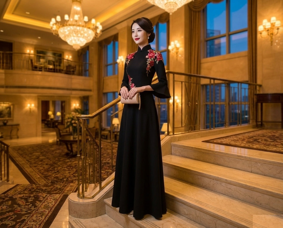 ada (着丈 サイズオーダー可能) ロングドレス Aラインドレス オーダーメイド ブラック ノースリーブ ミニマルデザイン 上質素材 縦ライン美 細見えシルエット 気品 クールエレガンス 大人女性 静かな色香 モデル佇まい ホテル大階段 夜景 シャンデリア 特別な夜 フォーマル パーティー 晩餐会 高級ラグジュアリードレス （ブラック）XS S M L XL XXL XXXL