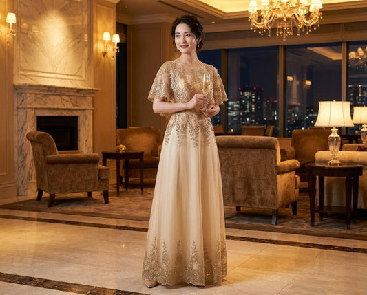 即納ドレス あす楽 reagan Aラインドレス ゴールド S M L XL XXL 即日発送 明日 届く 即日発送 即納 結婚式 パーティードレス 体型カバー 小柄  ゆったり マタニティ ブラジャー 20代 30代 40代 50代 ブランド ワンピース シャンパン 夏 持ち運び