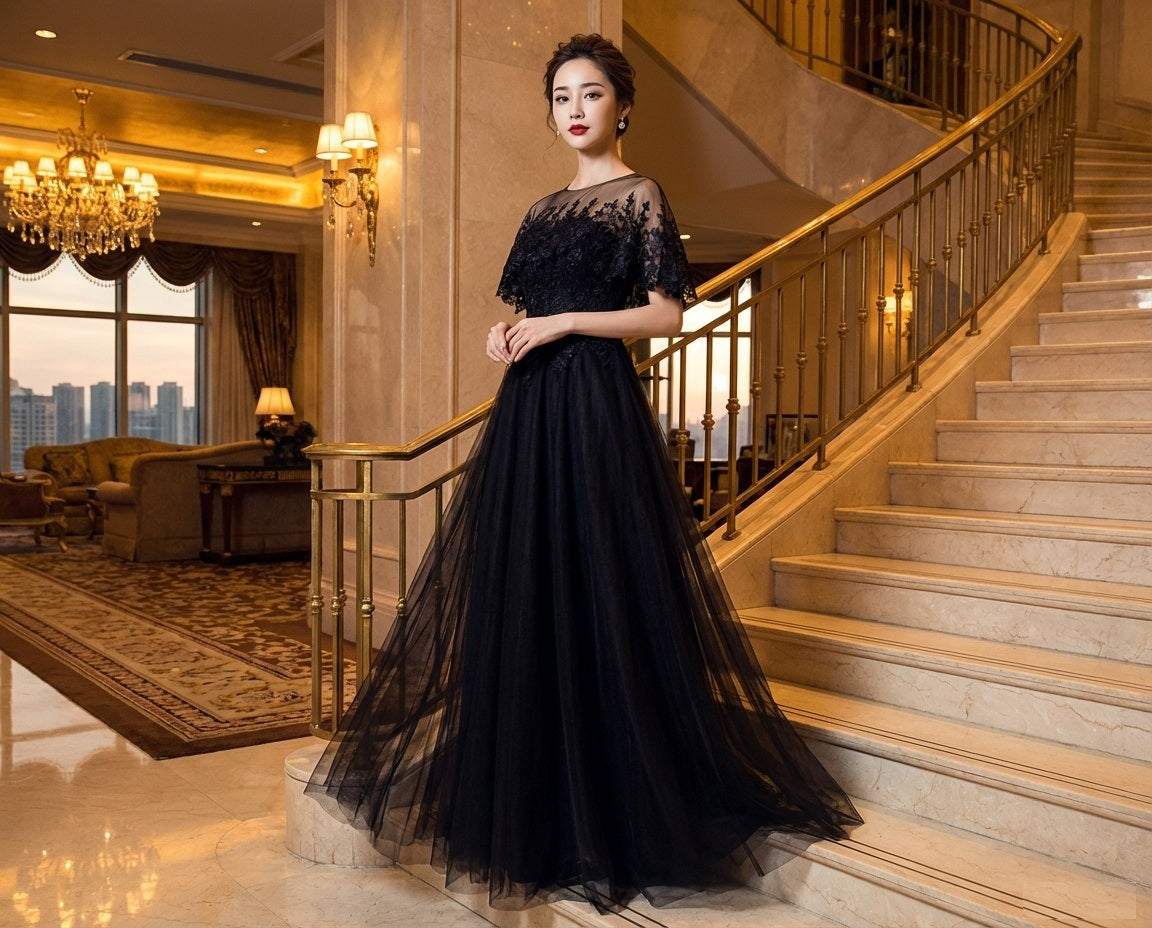 Victoria ロングドレス (着丈 サイズオーダー可能) オーダーメイド Aラインドレス チュールドレス ブラック 黒 イブニングドレス パーティードレス フォーマルドレス ホテル階段 シャンデリア 夜景 照明映え 空気感 透け感 重なり チュール揺れ 気品 圧倒的上質 高級感 大人女性 立ち姿美 日本人女性 特別な夜 主役級 楽天人気 検索上位 （ブラック）