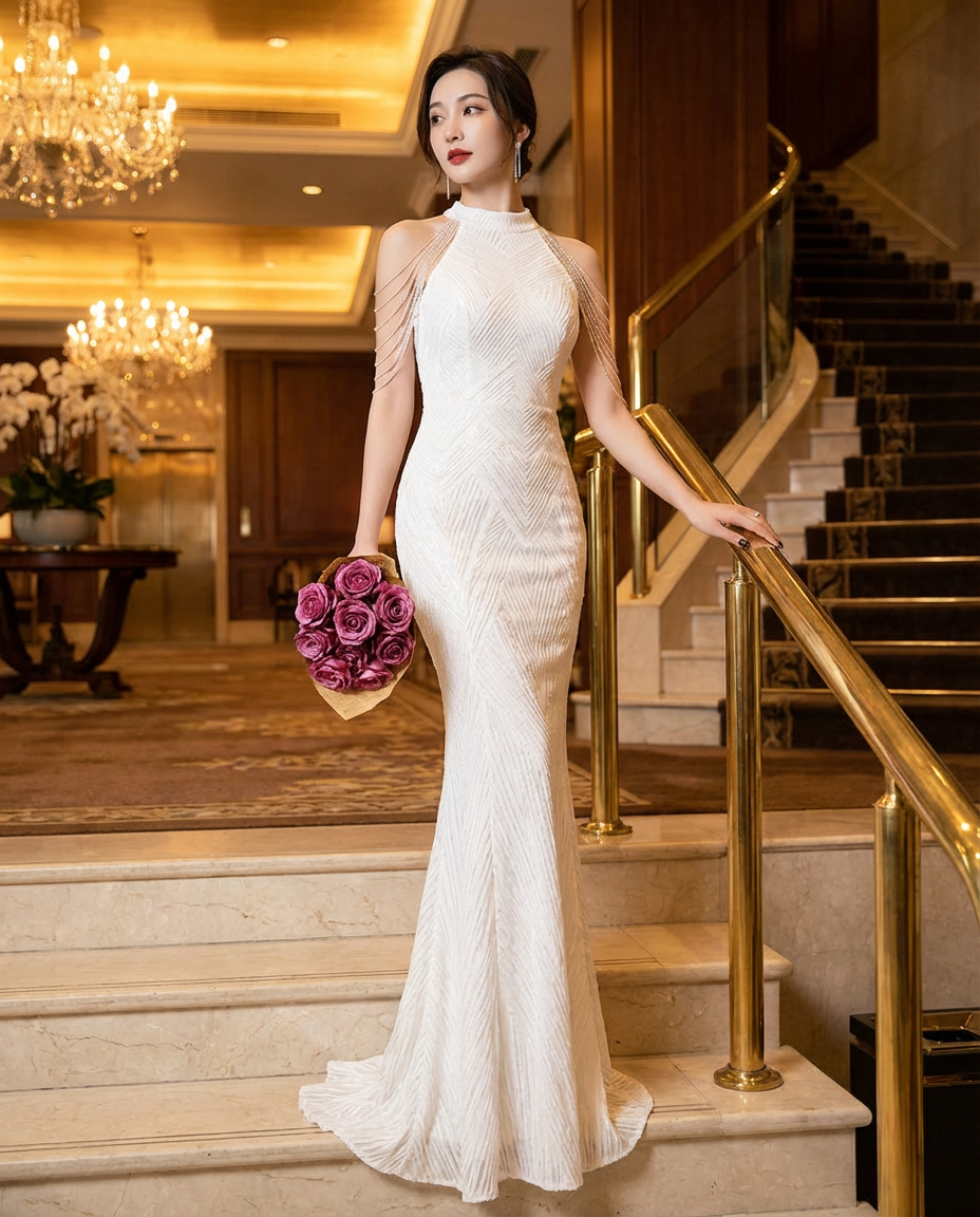 Leona (着丈 サイズオーダー可能) オーダーメイド マーメイドドレス ロングドレス ノースリーブドレス 高級ドレス ウェディングドレス パーティードレス イブニングドレス ホテルウェディング 花嫁 二次会 前撮り 上質サテン 光沢素材 美シルエット 体型補正 大人女性 気品 透明感 静かな色気 階段ポーズ 夜のホテル 照明映え 特別な一日 主役級 存在感 楽天人気ドレス （ホワイト）XS S M L XL XXL XXXL