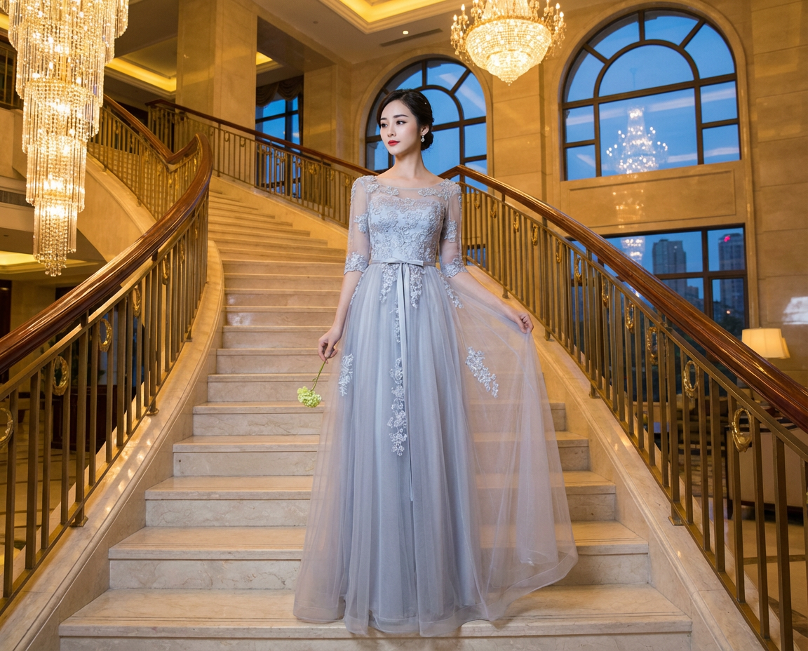 Artaud (着丈 サイズオーダー可能) ロングドレス Aラインドレス チュールドレス オーダーメイド イブニングドレス フォーマルドレス パーティードレス ノースリーブ 透け感 チュールレイヤード 繊細素材 軽やか 美シルエット 縦ライン強調 大人女性 気品 透明感 高級感 洗練 大階段ポージング クラシックホテル 窓越し光 夕暮れ 特別な夜 主役級 存在感 写真映え （シルバー）XS S M L XL XXL XXXL