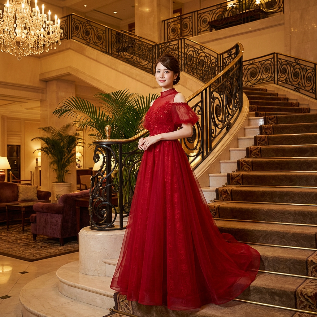 gilles Aラインドレス (着丈 サイズオーダー可能) オーダーメイド ロングドレス レッド シフォン チュール ノースリーブ フレアシルエット 体型カバー 縦ライン美 細見え 気品 華やぎ 大人の余裕 ホテル階段 シャンデリア光 特別な夜 晩餐会 演奏会 パーティー 主役級ラグジュアリードレス （レッド）XS S M L XL XXL XXXL