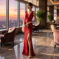 yolanda マーメイドドレス (着丈 サイズオーダー可能) オーダーメイド ロングドレス スリットドレス Vネックドレス レース素材 上質生地 体型補整 美シルエット 高級感 透明感 ホテルラウンジ 特別な夜 フォーマル ラグジュアリー （レッド）XS S M L XL XXL XXXL