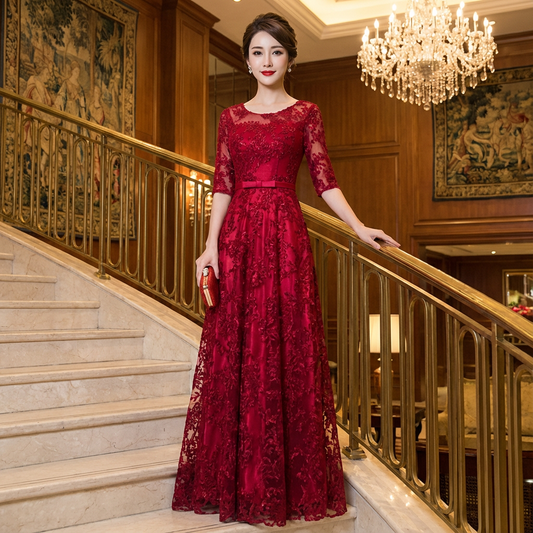 即納ドレス あす楽 auclair Aラインドレス レッド XS S M L XL XXL XXXL 即日発送 明日 届く　結婚式 大きいサイズ 演奏会 パーティードレス ロングドレス お呼ばれ ドレス ワンピース 二次会 発表会 母親 フォーマルドレス 袖あり フォーマル パーティー 披露宴 同窓会 アフタヌーン ドレス ママ ドレス ミセス 七分袖 洋装 長袖 マザーズ ドレス 演奏会用 ドレス レディース Aライン