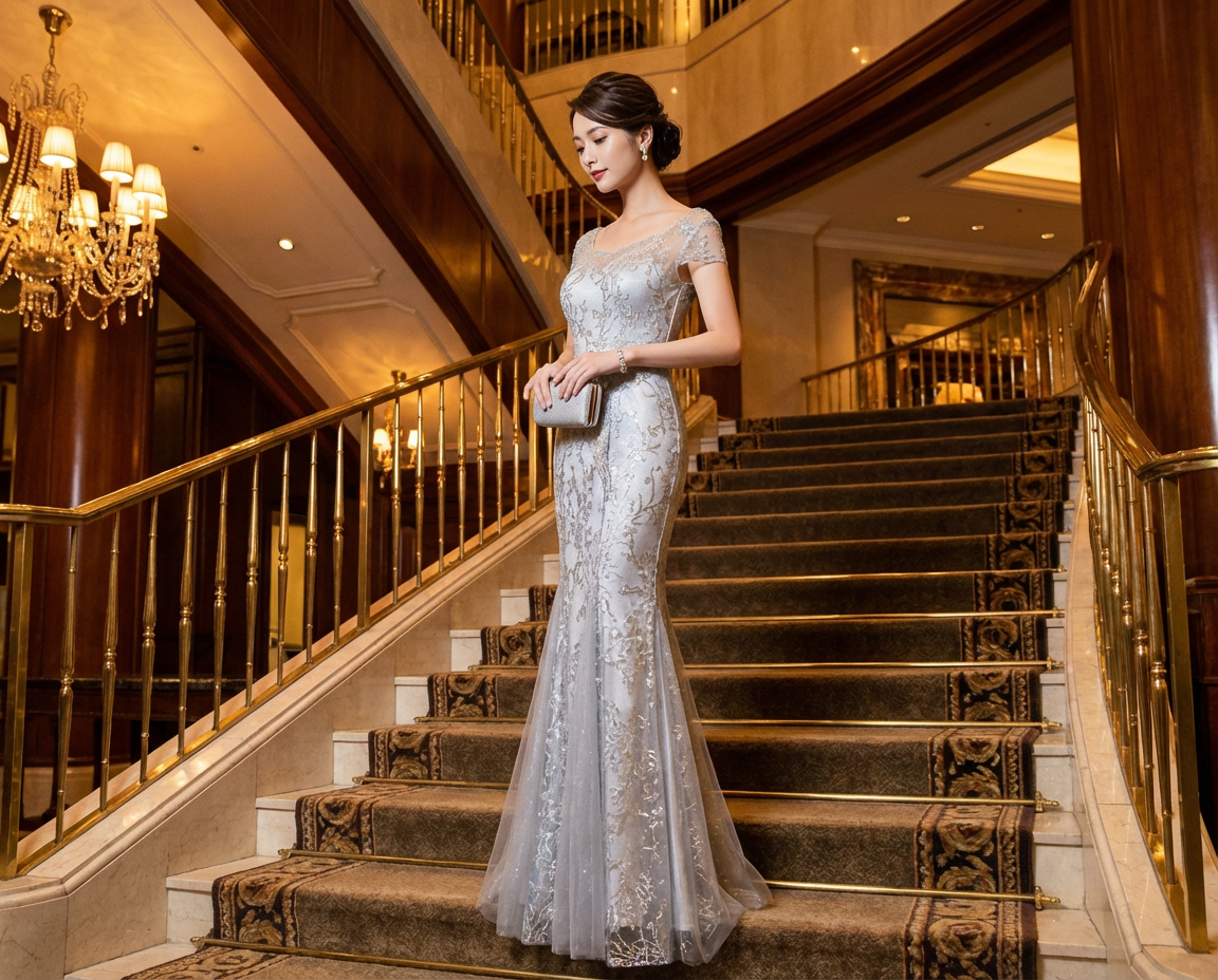 Michaela(着丈 サイズオーダー可能) マーメイドドレス オーダーメイド ロングドレス ノースリーブドレス グレードレス シルバー ビジュー スパンコール チュール 上質素材 体型補整 美シルエット ホテル大階段 シャンデリア光 気品 色気 大人女性 ラグジュアリー フォーマル 結婚式 演奏会 パーティー 特別な夜（シルバー）XS S M L XL XXL XXXL