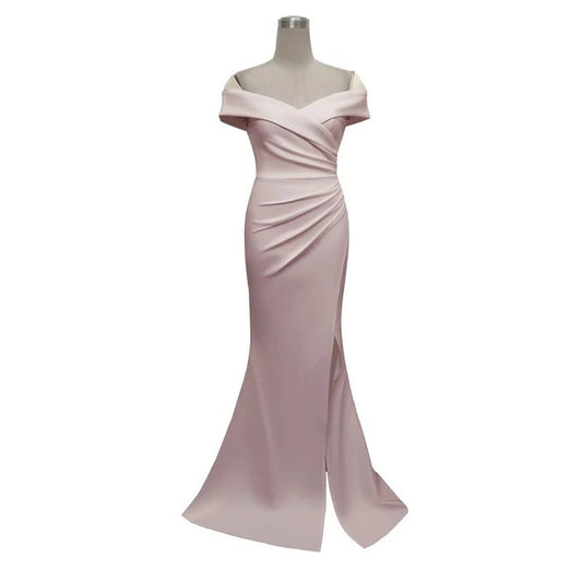 #83847 スリットドレス (着丈 サイズオーダー可能) オーダーメイド ロングドレス オフショルダードレス Aラインドレス 上質素材 高級感 美シルエット 透明感 体型補整 大人上品 静かな華やぎ ホテルディナー 日本人女性 パーティー 特別な夜 ラグジュアリー フォーマル プレミアム 結婚式 エレガント （ベージュ）