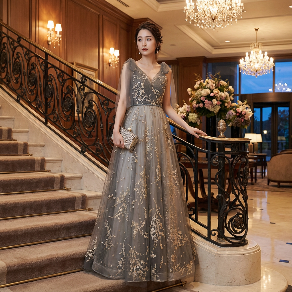 結婚式ドレス Aラインミモレ丈の刺繍で体型カバー、オーダーメイド可 V 結婚式ドレス Aラインミモレ丈の刺繍で体型カバー、オーダーメイド可 V