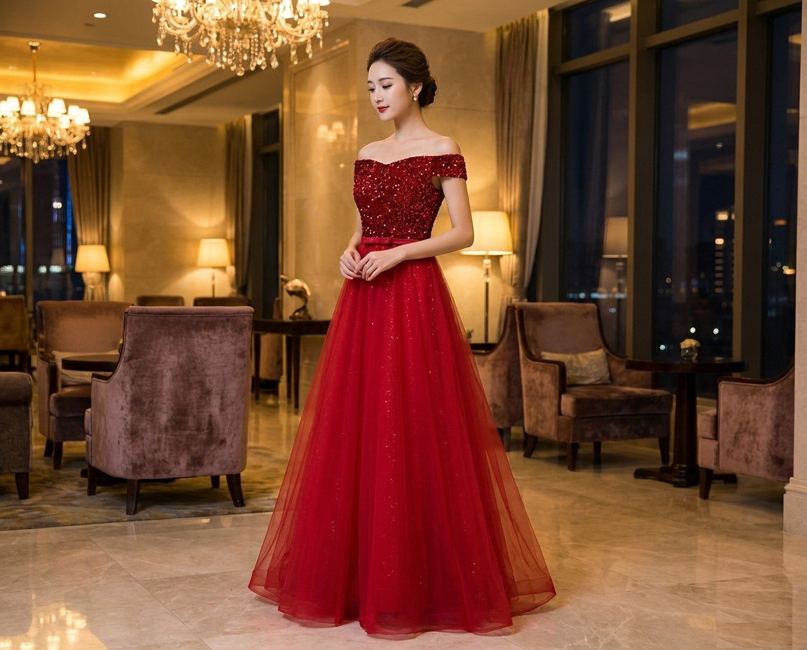 n3000 オーダーメイド （着丈 サイズオーダー可能） ロングドレス Aラインドレス ノースリーブドレス チュールドレス サテンドレス フォーマルドレス 高級ドレス 上質素材 透明感 気品 華やぎ 大人女性 美シルエット 体型補整 ホテルパーティー シャンデリア 夜景 映える装い 結婚式 二次会 演奏会 特別な夜 ラグジュアリー （レッド）XS S M L XL XXL XXXL