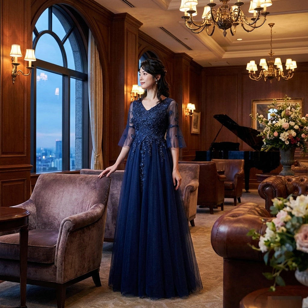 3-dhdh2 (着丈 サイズオーダー可能) ロングドレス オーダーメイド Aラインドレス ノースリーブドレス ネイビードレス チュールドレス サテンドレス Vネック フレアシルエット フロアレングス ホテルラウンジ 夜景ライティング ピアノ空間 静謐 気品 大人女性 美シルエット 高級感 特別な夜 結婚式 二次会 演奏会 パーティー フォーマル 日本人女性 （ネイビー）XS S M L XL XXL XXXL