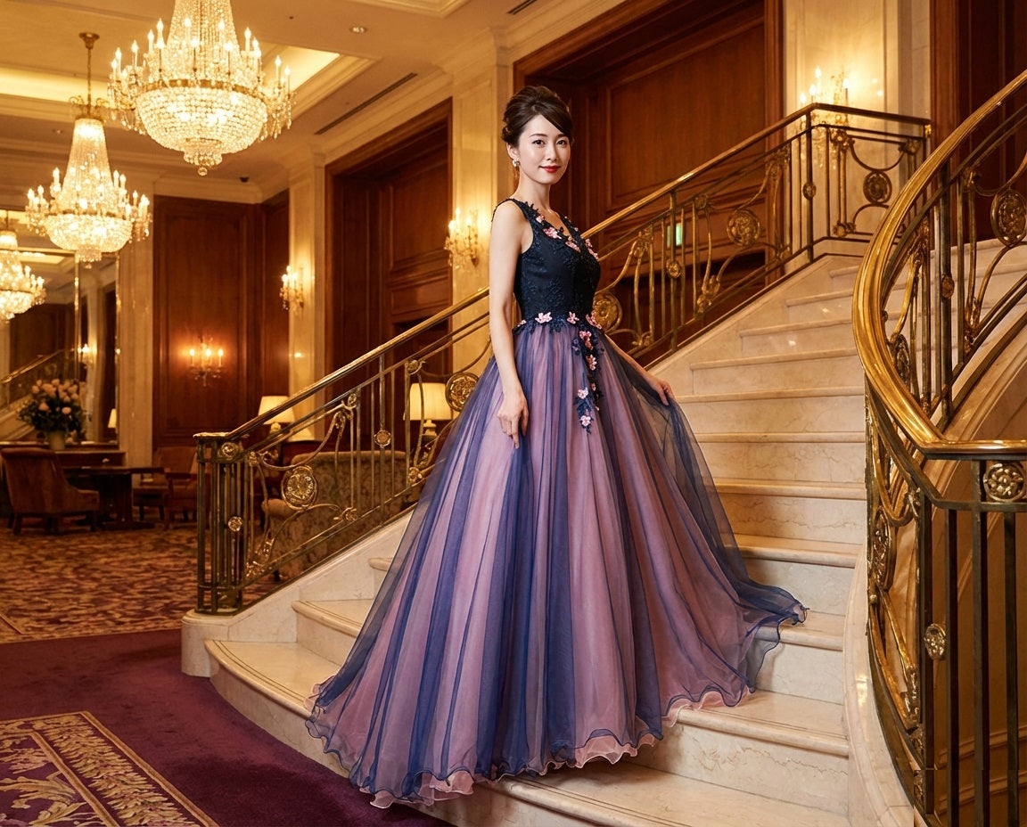 3-dhdh7 (着丈 サイズオーダー可能) ロングドレス オーダーメイド Aラインドレス ノースリーブドレス チュールドレス オーガンジードレス グラデーションドレス 水色ドレス フレアシルエット エアリー 軽やかな動き 透明感 幻想的 気品 大人女性 美シルエット 高級感 特別な一日 結婚式 二次会 演奏会 パーティー フォーマル 日本人女性 （パープル）XS S M L XL XXL XXXL