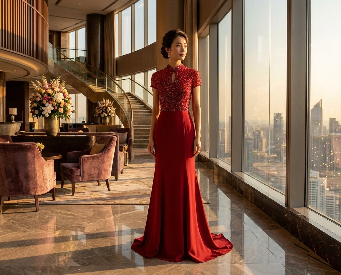 Elisa ラグジュアリー オーダーメイド マーメイドドレス イブニングドレス ハイネックレース 誓いの夜 上品 優雅 （レッド）