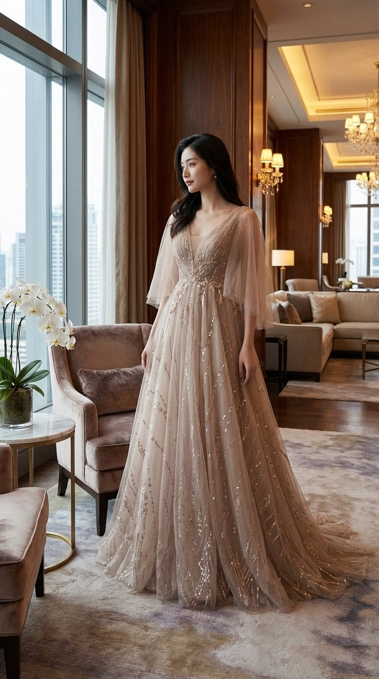 rothy （着丈 サイズオーダー可能） オーダーメイド ロングドレス Aラインドレス ベージュドレス レースドレス ビジュードレス 上質素材 高級感 日本人女性向け 美シルエット 体型補整 気品 透明感 静かな美しさ ホテルラウンジ 自然光 特別な夜 パーティー 結婚式 演奏会 二次会 （ゴールド）XS S M L XL XXL XXXL