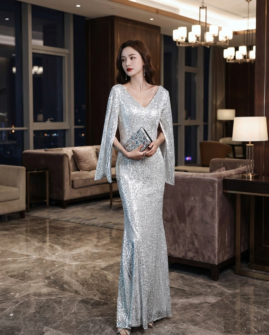 3-fjjf8 (着丈 サイズオーダー可能) オーダーメイド マーメイドドレス ロングドレス 長袖ドレス ビジュードレス フォーマルドレス 上質素材 繊細スパンコール Vネック ホテルラウンジ 夜景照明 曲線美 体型補整 気品 透明感 大人女性 正装 結婚式 演奏会 晩餐会 パーティー 高級感 日本人女性向け （シルバー）XS S M L XL XXL XXXL