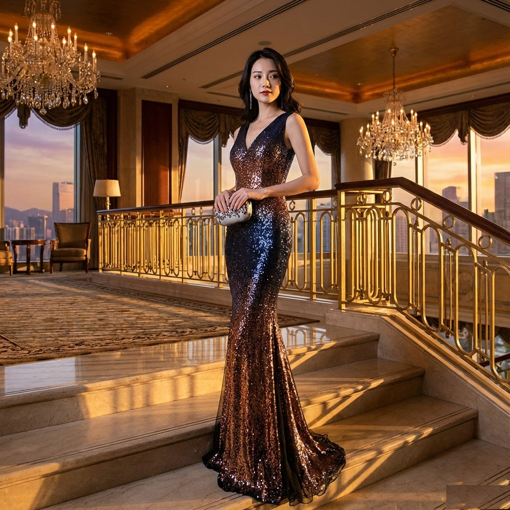 herpe (着丈 サイズオーダー可能) オーダーメイド マーメイドドレス ロングドレス スリットドレス ノースリーブドレス 高級ドレス パーティードレス イブニングドレス フォーマル 演奏会 ホテルパーティー スパンコール ビジュー 刺繍素材 縦ライン強調 美脚効果 大人女性 気品 色気 洗練 モデル直立ポーズ 階段シーン シャンデリア照明 夜景に映える 特別な夜 主役級存在感 楽天人気対策 （ネイビー）