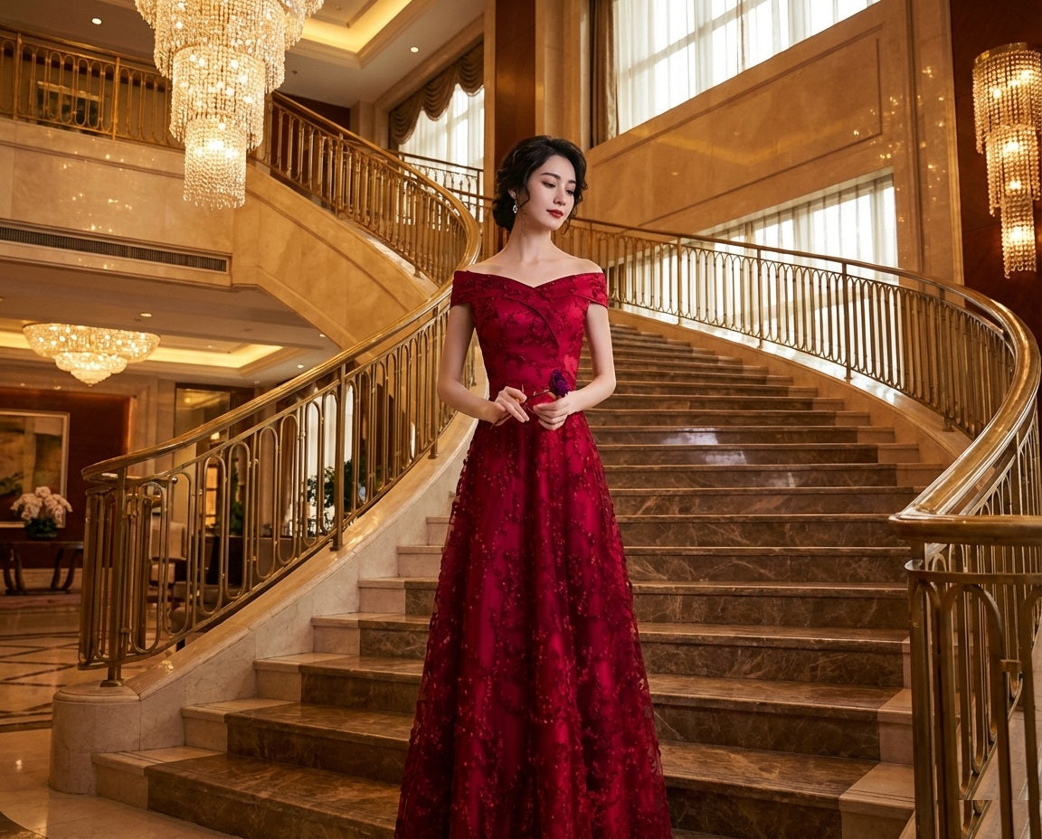 Ingegärd ロングドレス (着丈 サイズオーダー可能) オーダーメイド オフショルダードレス レースドレス Aラインドレス ディープレッドドレス 体型補整 美シルエット 高級感 上質素材 大人エレガント フォーマルドレス 特別な夜 （レッド）