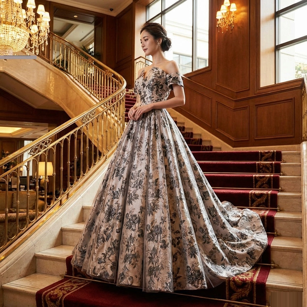 Anastasia ロングドレス (着丈 サイズオーダー可能) オーダーメイド オフショルダードレス フレアドレス シルバーフラワージャカード Aラインドレス 体型補整 美シルエット 高級感 上質素材 ラグジュアリー プリンセススタイル 特別な夜 （シルバー）