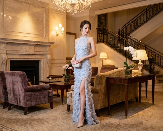 Elena オーダーメイド グレーマーメイドドレス ハイネック総レース スリットエレガンス（グレー）