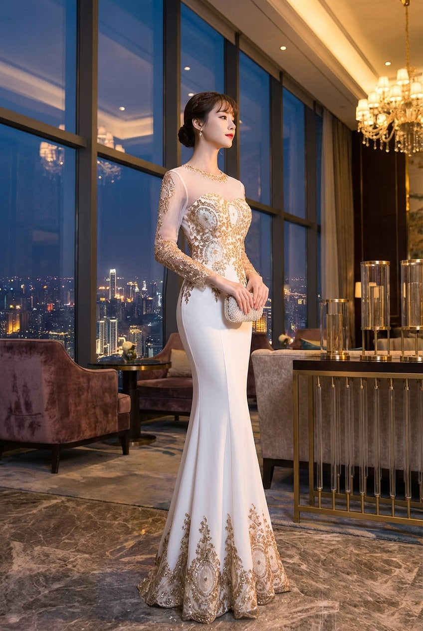 giscard マーメイドドレス (着丈 サイズオーダー可能) オーダーメイド ロングドレス ノースリーブドレス ホワイトドレス アイボリー シャンパンゴールド レース ビジュー 刺繍 シアー素材 上質素材 高級感 気品 透明感 大人の余裕 静かな美しさ 高層ホテル ラウンジ 夜景 シティビュー シャンデリア ラグジュアリー 光演出 美脚ライン 体型補正 フォーマル 晩餐会 特別な夜 （ゴールド）