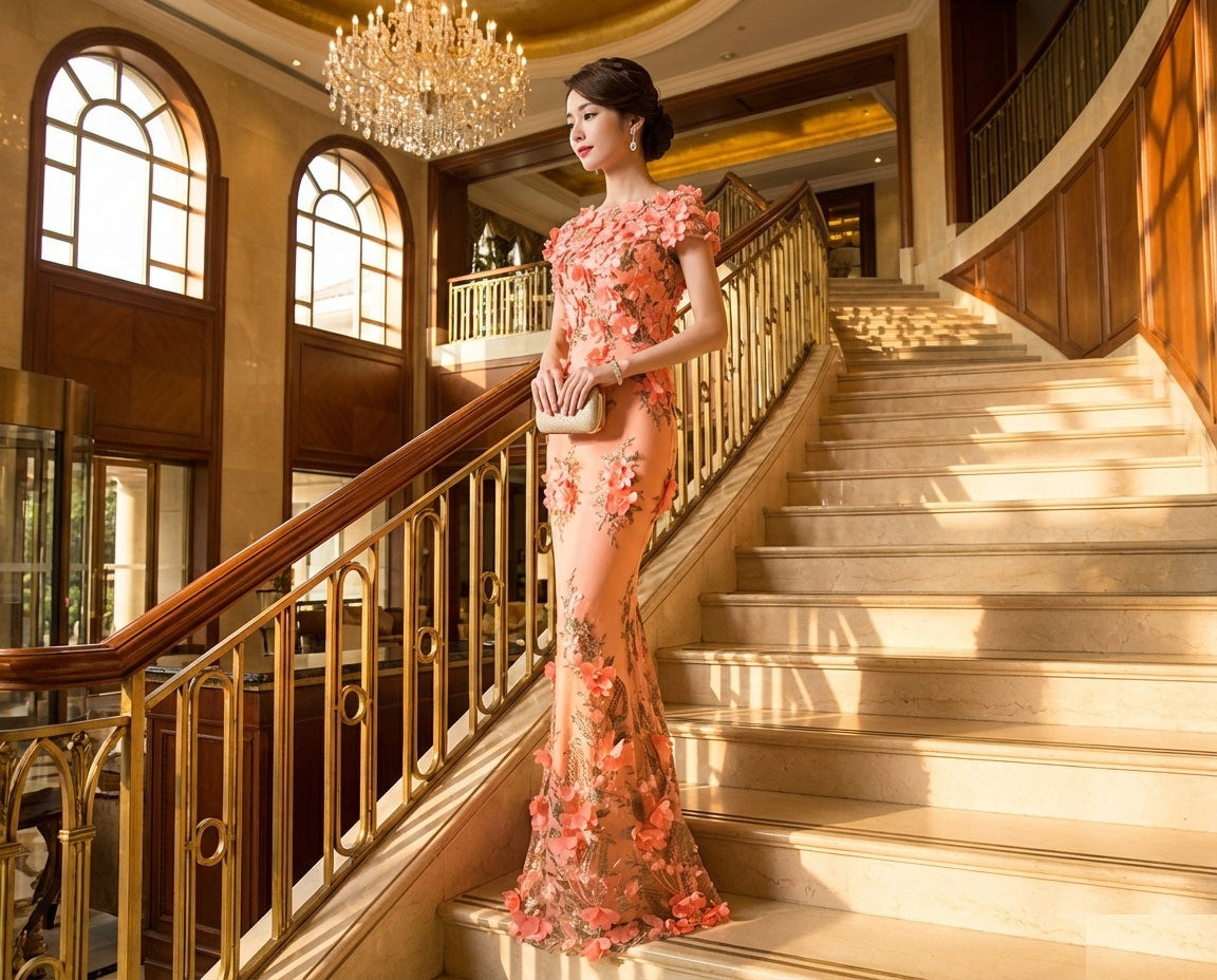 ties (着丈 サイズオーダー可能) マーメイドドレス ロングドレス スリットドレス ノースリーブドレス オーダーメイド ピンクドレス 高級ドレス ラグジュアリードレス イブニングドレス パーティードレス スパンコールドレス ビジュー刺繍 繊細装飾 クラシックホテル 大階段 シャンデリア照明 曲線美 大人女性 気品 華やぎ 透明感 日本人女性体型美 主役級 特別な夜 （オレンジ）