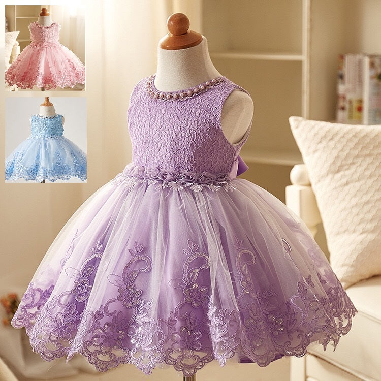 140 ワンピース フォーマル 女の子 紫 パープル 刺繍 レース ドレス