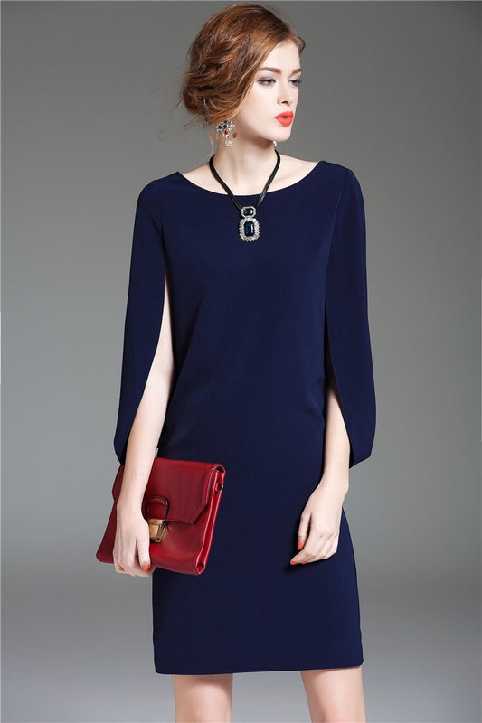 torenia ケープスリーブドレス (着丈 サイズオーダー可能) オーダーメイド 膝丈ドレス ラベンダードレス Iラインドレス ミニマルデザイン 高級素材 体型カバー 美シルエット ホテルディナー 上品フェミニン 洗練 レセプションスタイル （ネイビー）