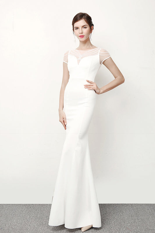 patty マーメイドドレス (着丈 サイズオーダー可能) オーダーメイド ロングドレス ブルードレス シースルーショルダー ビジュードレス 体型補整 美シルエット 高級感 上質素材 ホテルディナー 大人エレガント フォーマル対応 （ホワイト）