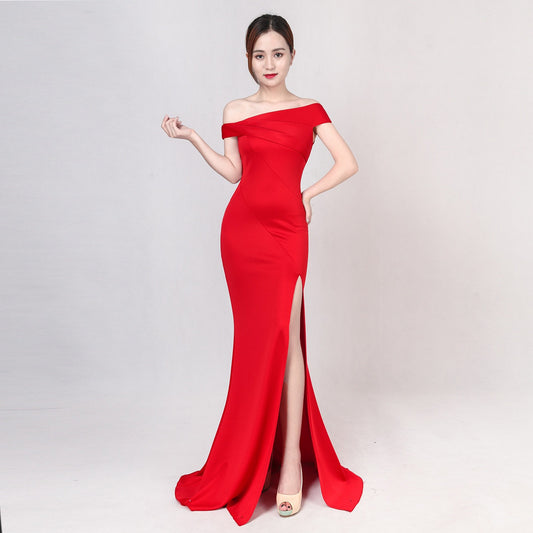 lucinda スリットドレス (着丈 サイズオーダー可能) オーダーメイド ロングドレス オフショルダードレス マーメイドドレス スリムフィット 美シルエット 体型補整 高級感 静かな華やぎ エレガント ホテルディナー 特別な夜 フォーマル ラグジュアリー 大人女性 （レッド）