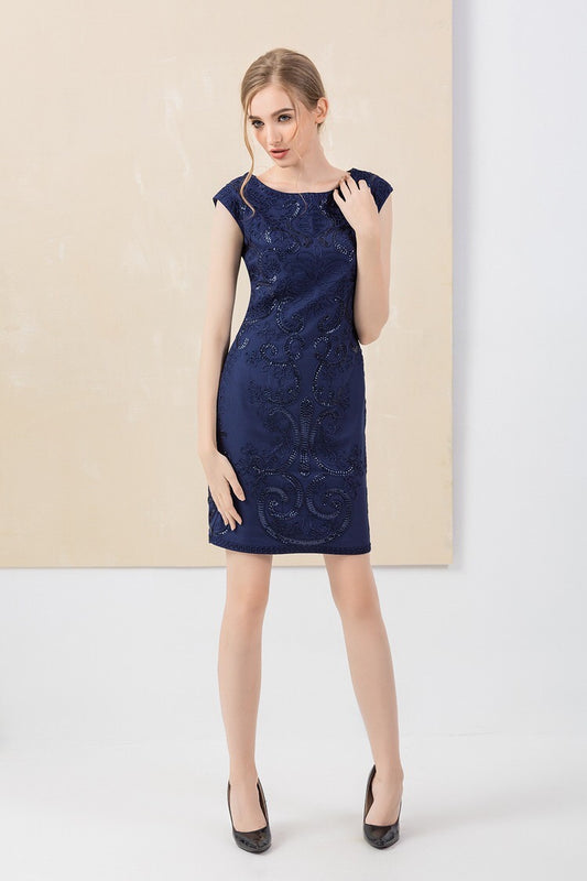 carlotta タイトドレス (着丈 サイズオーダー可能) オーダーメイド ネイビードレス 膝上ドレス 総ビジュー刺繍 ノースリーブ風 美シルエット 高級感 体型補整 フォーマルスタイル ホテルディナー 透明感 大人上品 （ネイビー）