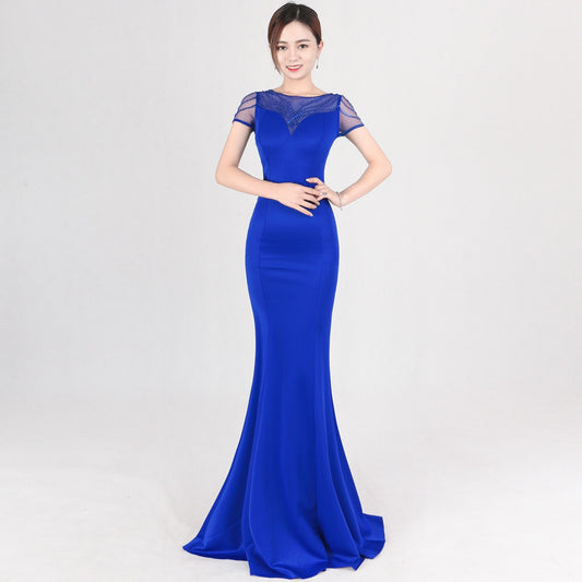 patty マーメイドドレス (着丈 サイズオーダー可能) オーダーメイド ロングドレス ブルードレス シースルーショルダー ビジュードレス 体型補整 美シルエット 高級感 上質素材 ホテルディナー 大人エレガント フォーマル対応 （ブルー）