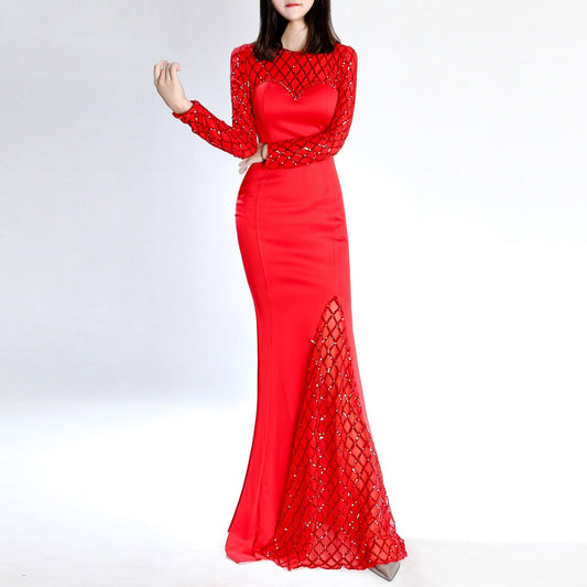 fabroni マーメイドドレス (着丈 サイズオーダー可能) オーダーメイド ロングドレス ブラックドレス 長袖レースドレス ハイネック バックシャン 美シルエット 体型補整 上質素材 フォーマル対応 気品 高級感 （レッド）