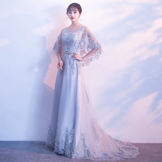 rappeneau 刺繍ドレス (着丈 サイズオーダー可能) オーダーメイド ロングドレス アイボリードレス ゴールドレース Aラインドレス フレアスカート スカラップ袖 体型補整 美シルエット 高級感 上質素材 特別な夜 ホテルディナー （グレー）