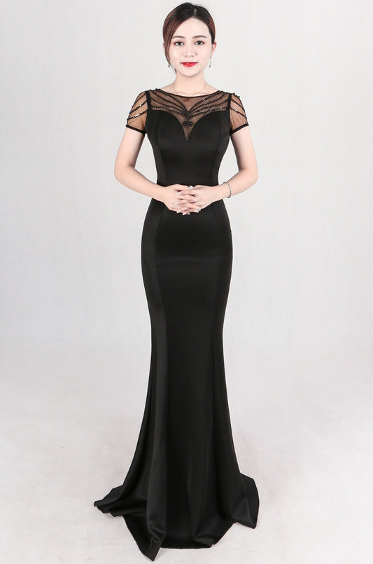 patty マーメイドドレス (着丈 サイズオーダー可能) オーダーメイド ロングドレス ブルードレス シースルーショルダー ビジュードレス 体型補整 美シルエット 高級感 上質素材 ホテルディナー 大人エレガント フォーマル対応 （ブラック）