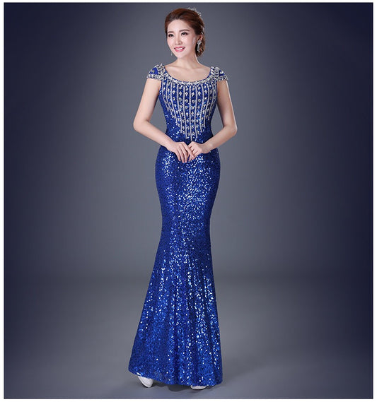 alonza マーメイドドレス (着丈 サイズオーダー可能) オーダーメイド ロングドレス ノースリーブドレス スパンコール スリムフィット 美シルエット 体型補整 ウエストライン強調 透明感 静かな華やぎ ホテルラウンジ 演奏会 高級感 大人上品 （ブルー）