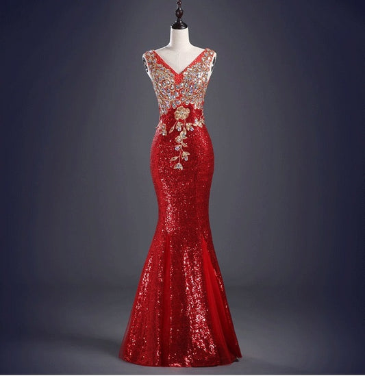 lacoste マーメイドドレス (着丈 サイズオーダー可能) オーダーメイド ロングドレス ターコイズドレス ビジュードレス シースルートップ スパンコール刺繍 美シルエット 体型補整 高級感 フォーマルステージ 大人グラマラス （レッド）