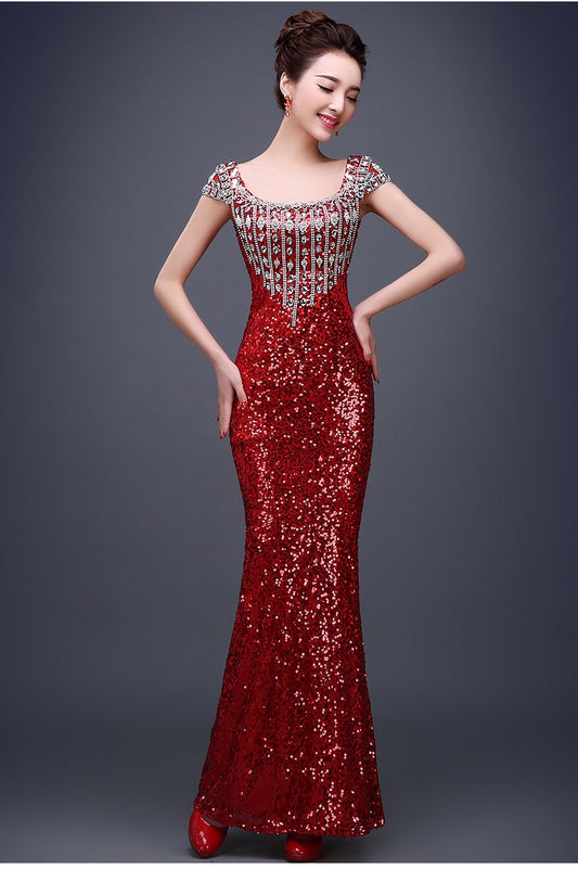 alonza マーメイドドレス (着丈 サイズオーダー可能) オーダーメイド ロングドレス ノースリーブドレス スパンコール スリムフィット 美シルエット 体型補整 ウエストライン強調 透明感 静かな華やぎ ホテルラウンジ 演奏会 高級感 大人上品 （レッド）