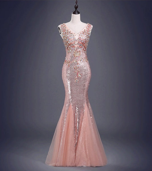 lacoste マーメイドドレス (着丈 サイズオーダー可能) オーダーメイド ロングドレス ターコイズドレス ビジュードレス シースルートップ スパンコール刺繍 美シルエット 体型補整 高級感 フォーマルステージ 大人グラマラス （ピンク）