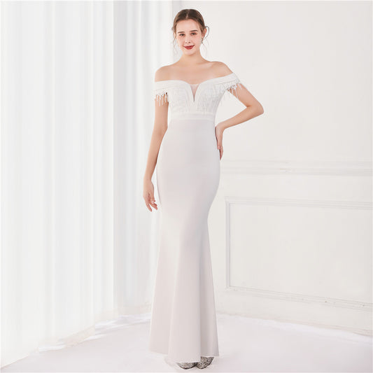 savannah マーメイドドレス (着丈・サイズオーダー可能) オフショルダードレス ロングドレス エメラルドグリーン 美シルエット 体型補整 曲線美強調 高級感 気品 大人女性 ホテルディナー フォーマル （ホワイト）