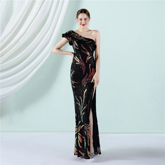 aleksi ワンショルダードレス (着丈 サイズオーダー可能) オーダーメイド マーメイドドレス スリットドレス バーガンディドレス グリッター刺繍 美脚魅せ 体型補整 アシンメトリーデザイン フォーマルスタイル 高級感 演奏会 （ブラック）