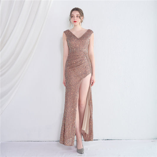 hannes スリットドレス (着丈 サイズオーダー可能) オーダーメイド マーメイドドレス ロングドレス Vネックドレス ボルドードレス スパンコール装飾 フリンジショルダー 体型補整 美脚魅せ 高級感 演奏会 ラグジュアリー （ブラウン）