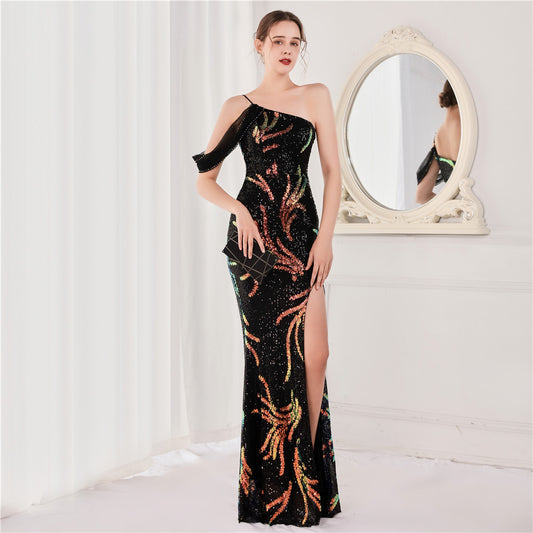 susanna スリットドレス (着丈 サイズオーダー可能) オーダーメイド マーメイドドレス ロングドレス ワンショルダードレス スパンコール刺繍 ブラックドレス 体型補整 美シルエット 煌めき 非日常感 ホテルディナー 演奏会 高級感 （ブラック）