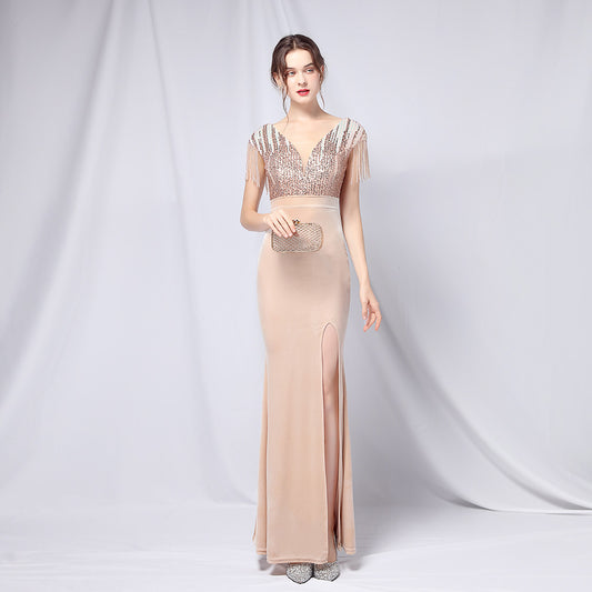 agafon スリットドレス (着丈 サイズオーダー可能) オーダーメイド マーメイドドレス ロングドレス チュールスリーブドレス Vネック 体型補整 スレンダーライン 大人上品 ホテルディナー 高級感 ラグジュアリー フォーマルドレス （ゴールド）