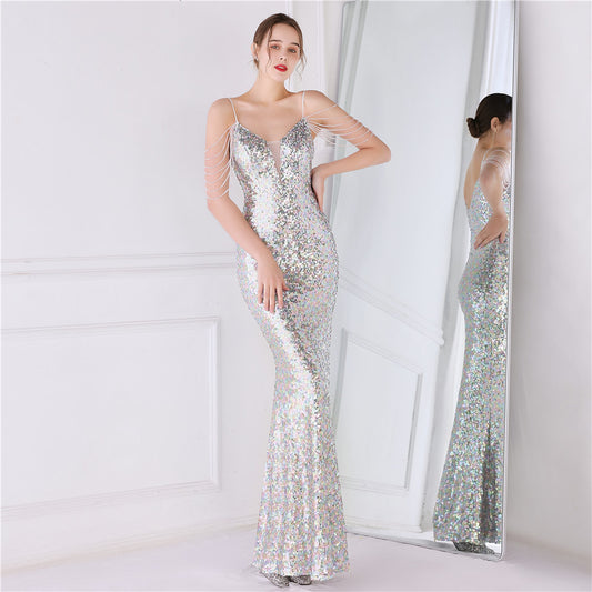 anttoni マーメイドドレス (着丈 サイズオーダー可能) オーダーメイド ロングドレス スパンコールドレス ケープスリーブ Vネックドレス 美シルエット スリムフィット 体型補整 透明感 静かな華やぎ ホテルディナー フォーマル 特別な夜 ラグジュアリー 大人女性 （シルバー）