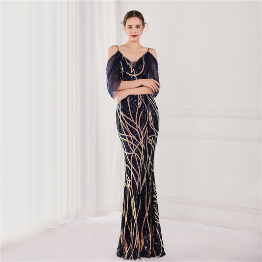 アルカドレス(ARUKA DRESS) theresa オーダーメイド マーメイドドレス スパンコールドレス Vネック ドレープ袖 七分袖 結婚式 パーティードレス ナイトパーティー 高級感 体型補整 ステージ衣装 （ネイビー）XS S M L XL XXL XXXL