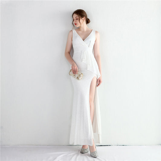 henrikki スパンコールドレス (着丈 サイズオーダー可能) オーダーメイド マーメイドドレス ロングドレス シルバードレス スリット入り ノースリーブ Vネック 体型補整 美脚魅せ 高級感 ラグジュアリー 演奏会 （ホワイト）